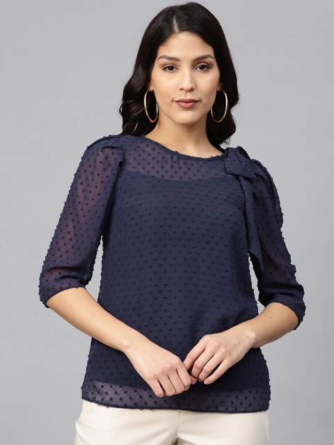 

DOROTHY PERKINS Women Navy Blue Bow Detail Semi-Sheer Self Design Top