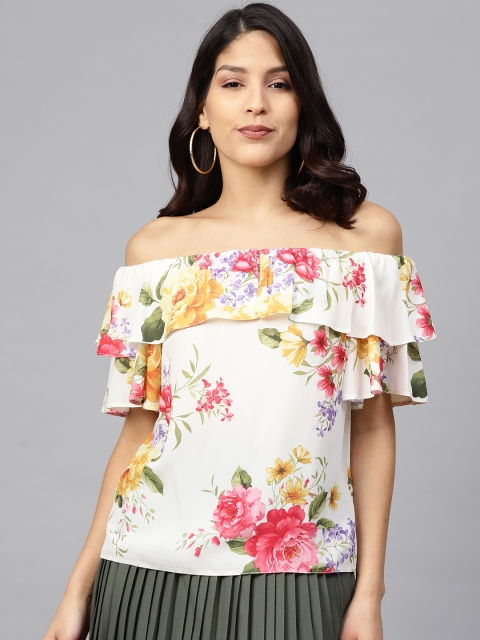 

DOROTHY PERKINS Women Off-White & Pink Floral Print Bardot Top