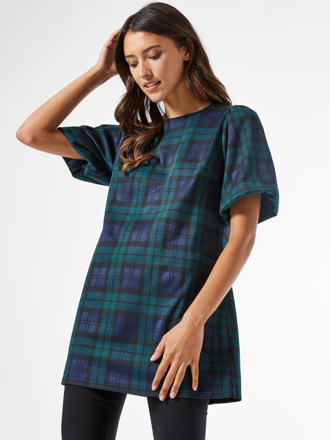 

DOROTHY PERKINS Women Teal Green & Black Checked Longline A-Line Top