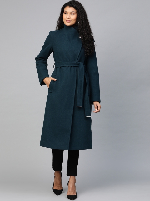 

DOROTHY PERKINS Women Teal Blue Solid Funnel Wrap Coat