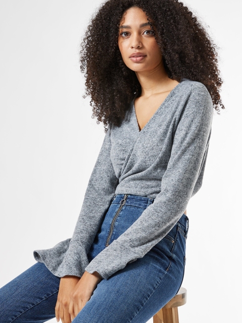 

DOROTHY PERKINS Women Grey Melange Solid Wrap Crop Top