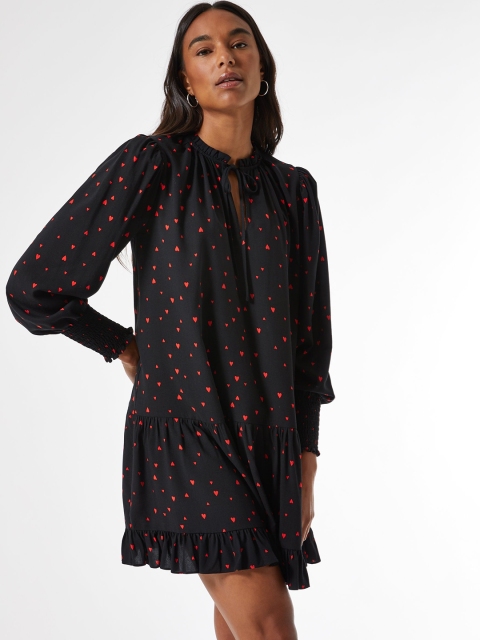 

DOROTHY PERKINS Women Black & Red Heart Printed Smocked Detail Tiered A-Line Dress