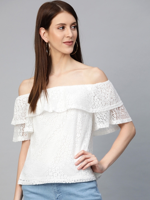 

DOROTHY PERKINS Women White Self Design Lace Bardot Top