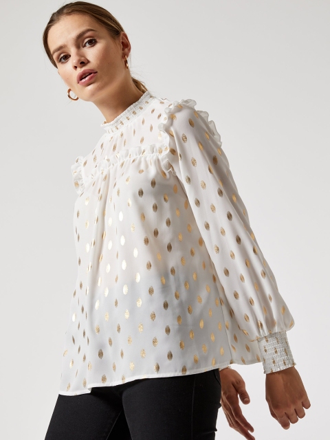 

DOROTHY PERKINS Women White & Golden Printed Ruffled Top