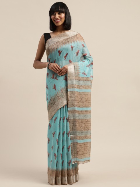 

Mirchi Fashion Turquoise Blue & Red Polycotton Conversational Printed Saree