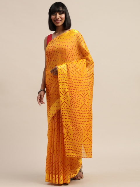 

Mirchi Fashion Mustard Yellow & Red Polycotton Printed Bandhani Saree