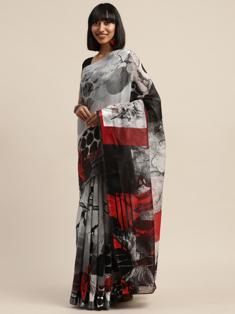 

Mirchi Fashion Black & White Polycotton Printed Saree