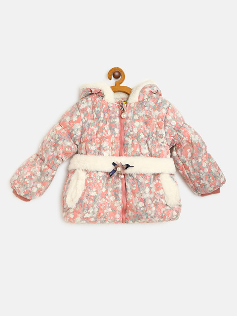 

Lil Lollipop Girls Peach-Coloured & White Floral Print Hooded Padded Jacket With Belt