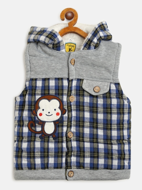 

Lil Lollipop Girls Blue & Grey Melange Checked Hooded Tailored Jacket