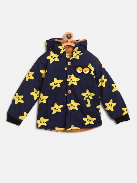 

Lil Lollipop Kids Navy Blue & Yellow Print Hooded Padded Jacket