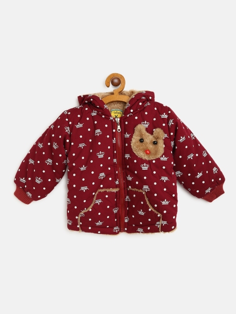 

Lil Lollipop Kids Maroon & White Crown Print Hooded Padded Jacket