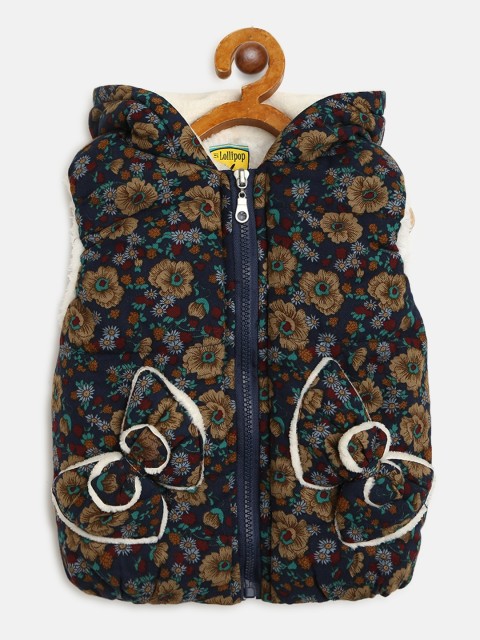 

Lil Lollipop Girls Navy Blue & Beige Floral Print Hooded Tailored Jacket
