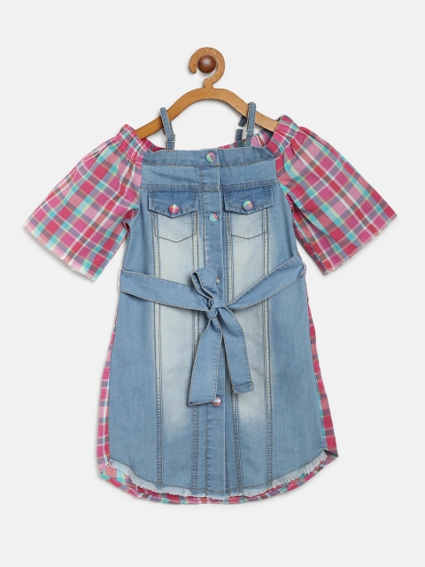 

Natilene Girls Blue & Pink Washed & Checked A-Line Dress with Belt