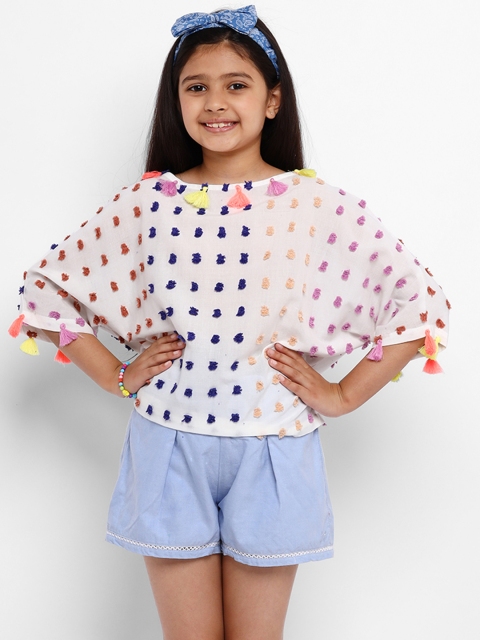

Natilene Girls White & Peach-Coloured Applique Top