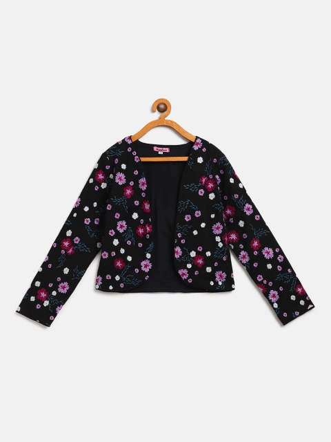 

Natilene Girls Black & Purple Floral Embroidered Open Front Jacket