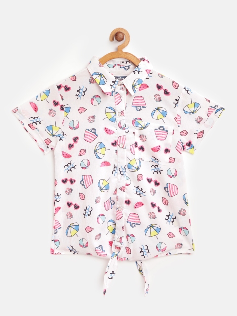 

Natilene Girls White & Pink Regular Fit Conversational Printed Casual Shirt