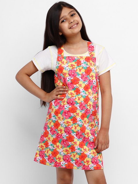 

Natilene Girls White & Pink Solid T-shirt with Pinafore Dress