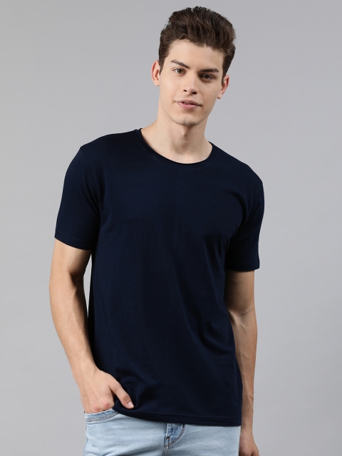 

UNSULLY Men Navy Blue Solid Slim Fit Round Neck Pure Cotton T-shirt