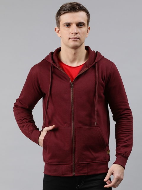 

UNSULLY Men Burgundy Solid Hooded Sweatshirt