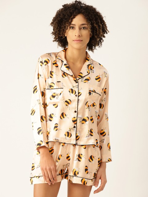

WoowZerz Women Beige & Black Honey Bee Print Night suit