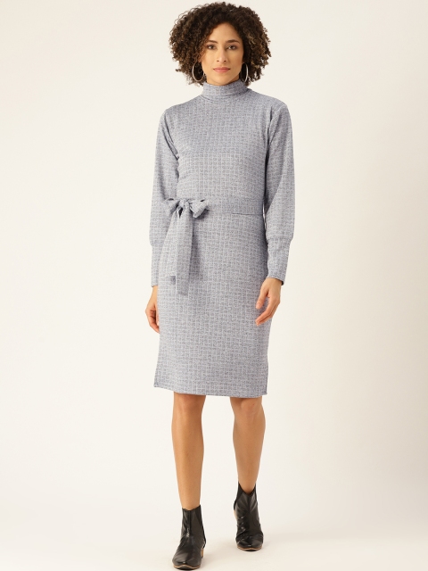 

WoowZerz Women Acrylic Blue Self Checked Slim Fit Jumper Dress