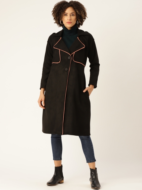 

WoowZerz Women Black Suede Finish Slim Fit Solid Knee Length Overcoat