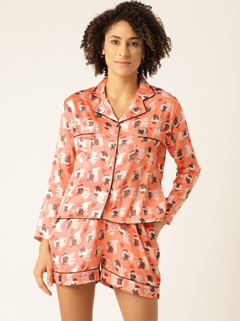 

WoowZerz Women Orange & Beige Pug Print Night suit
