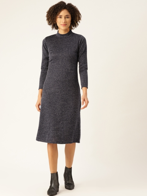 

WoowZerz Women Navy Blue & Grey Self Checked Slim Fit Acrylic Jumper Dress