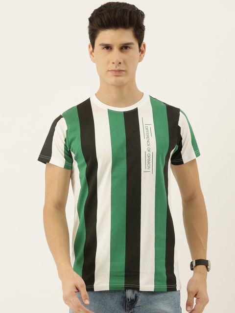 

Difference of Opinion Men Green & White Striped Round Neck T-shirt