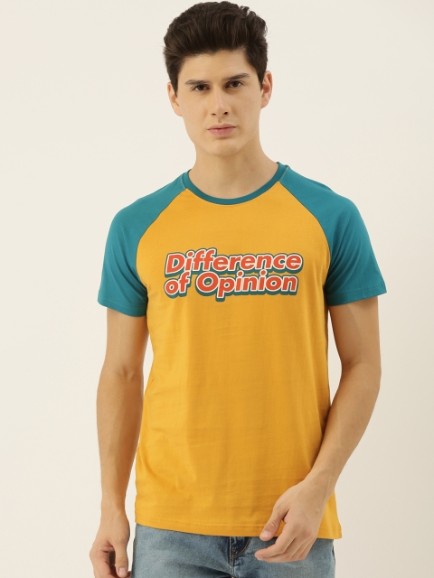 

Difference of Opinion Men Mustard Yellow Brand Logo Printed Round Neck Pure Cotton T-shirt