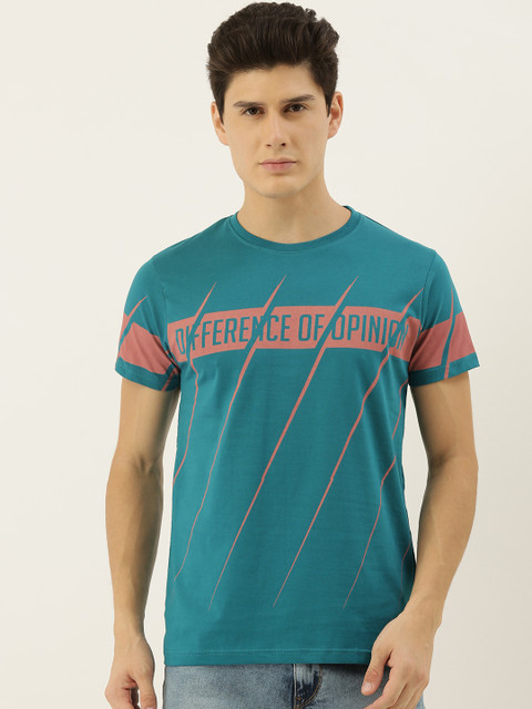 

Difference of Opinion Men Teal Blue Printed Round Neck Pure Cotton T-shirt