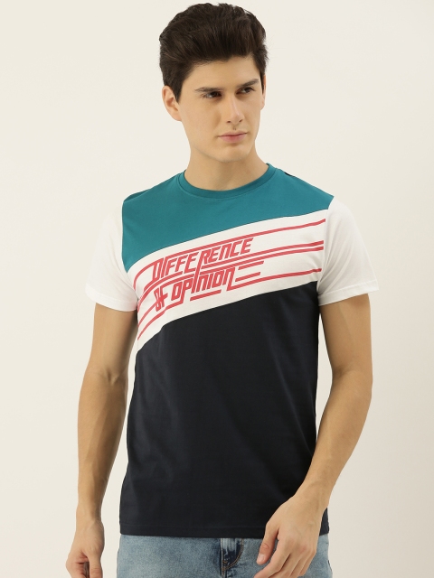 

Difference of Opinion Men Navy Blue White Colourblocked Round Neck Pure Cotton T-shirt