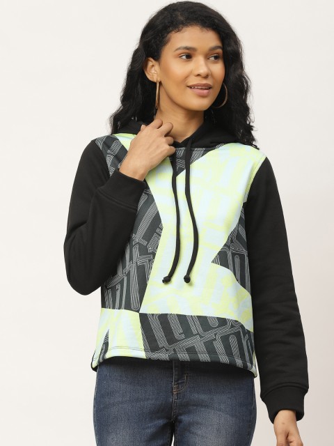 

Rute Women Black & Green Printed Hooded Sweatshirt
