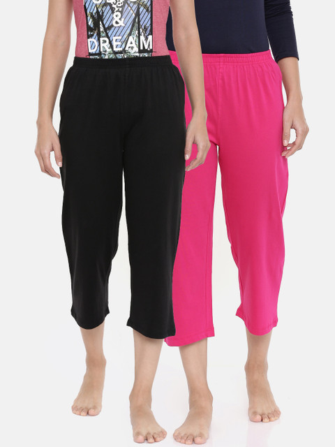 

zebu Women Pack Of 2 Solid Regular Fit Capris, Black