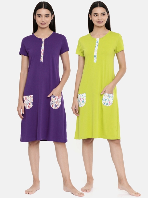 

zebu Purple & Lime Green Solid Nightdress