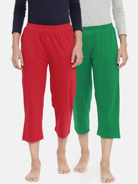 

zebu Women Pack Of 2 Solid Three-Fourth Lounge Pants, Green