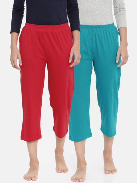 

zebu Women Pack Of 2 Turquoise Blue & Red Solid Regular Fit Capris