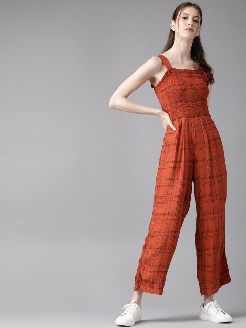 

Roadster Women Rust Orange & Black Self-Checked Cropped Basic Jumpsuit