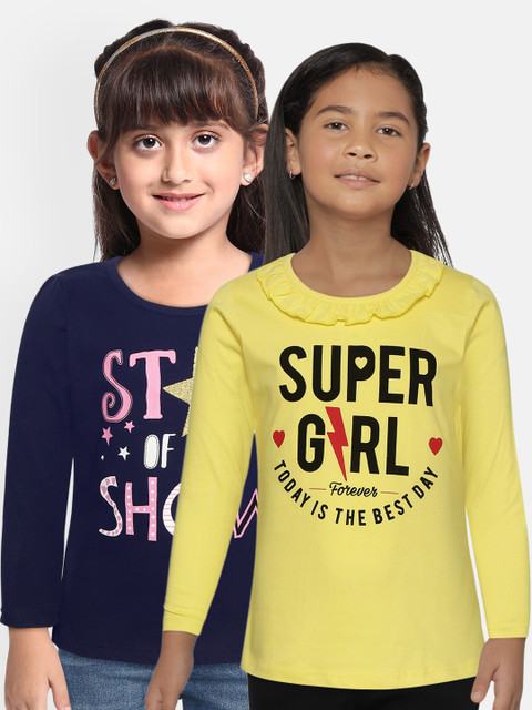 

Eteenz Girls Pack of 2 Printed Pure Cotton T-shirts, Navy blue