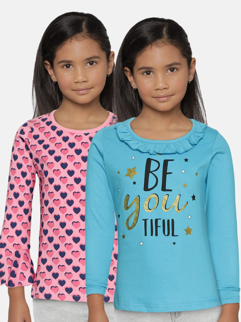 

Eteenz Girls Pack of 2 Printed Pure Cotton T-shirts, Pink