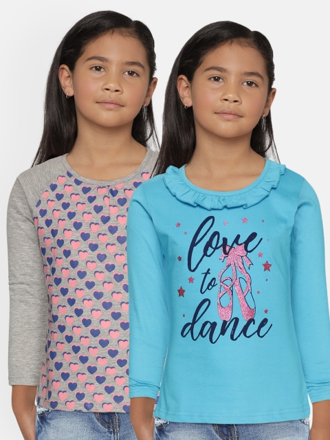

Eteenz Girls Pack of 2 Printed Pure Cotton T-shirts, Blue