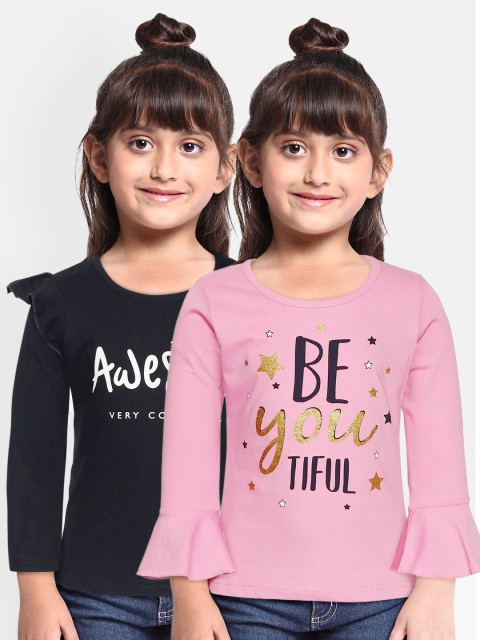 

Eteenz Girls Pack of 2 Typography Print Cotton Knitted Tops, Navy blue