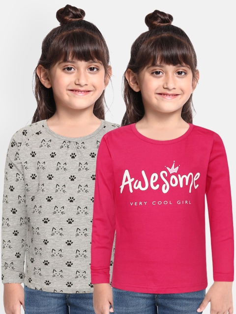 

Eteenz Girls Pack of 2 Printed Round Neck Cotton T-Shirts, Fuchsia