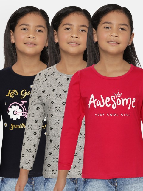 

Eteenz Girls Pack of 3 Printed Pure Cotton T-shirts, Multi