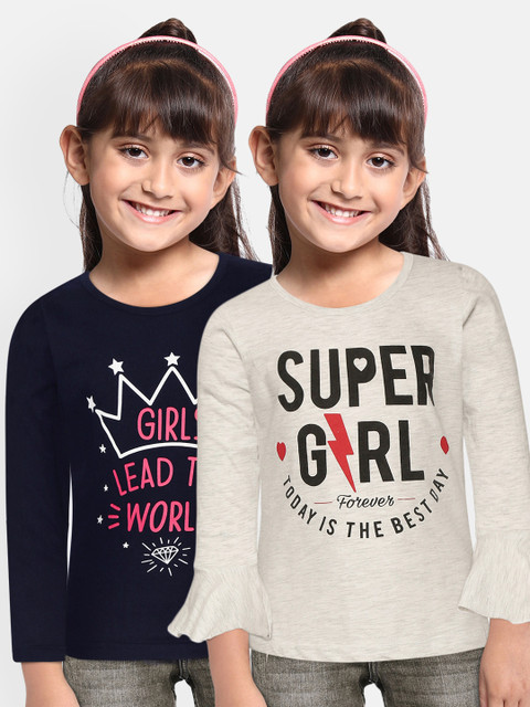 

Eteenz Girls Pack of Printed Cotton Top & T-Shirt, Navy blue