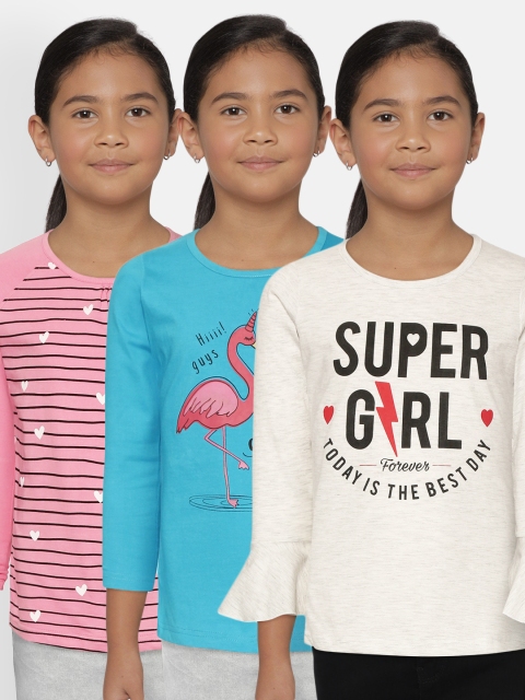 

Eteenz Girls Pack of 3 Printed Pure Cotton T-shirts, Multi