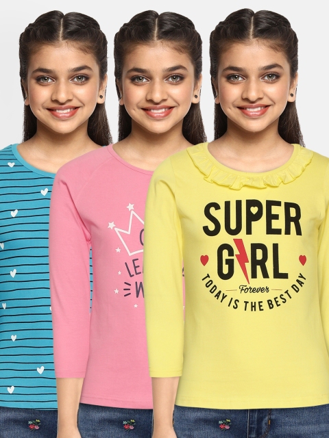 

Eteenz Girls Pack of 3 Printed Pure Cotton T-shirts, Multi