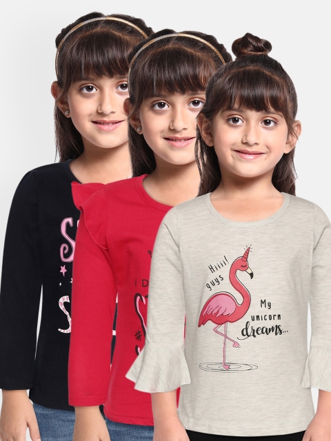 

Eteenz Girls Pack of 3 Printed Pure Cotton T-shirts, Navy blue