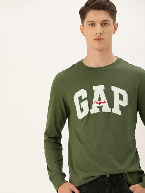 

GAP Men Olive Green & White Embroidered Round Neck T-shirt