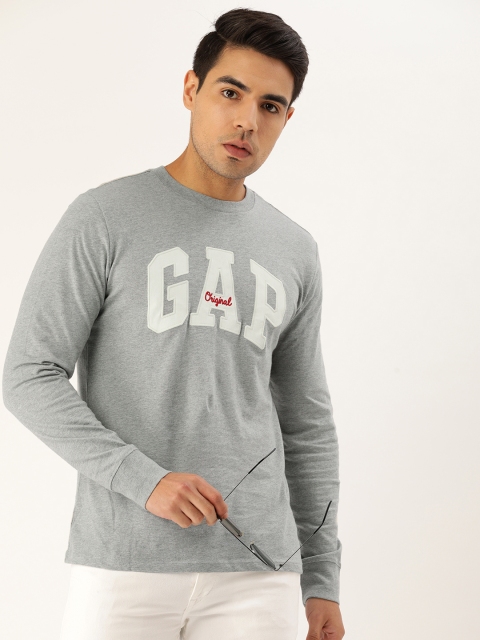 

GAP Men Grey Melange Embroidered Round Neck Pure Cotton T-shirt